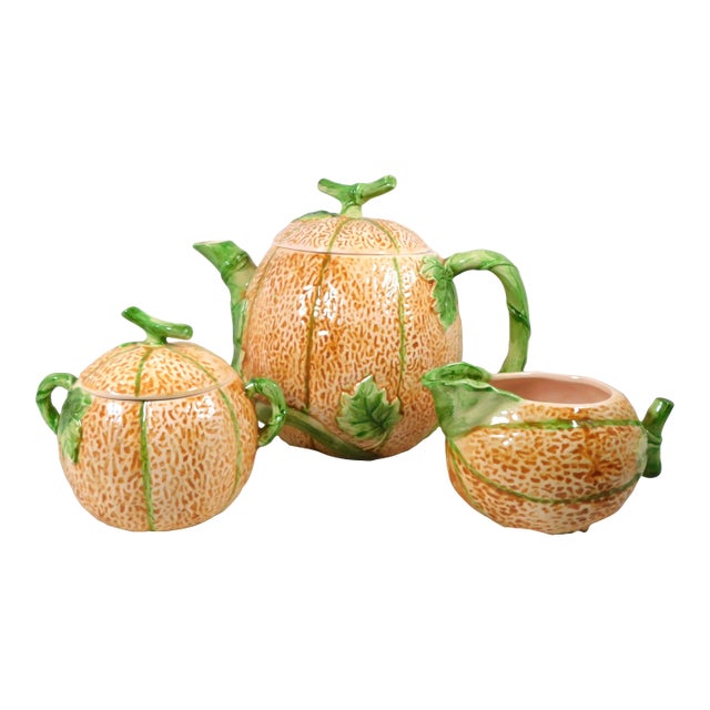 1980s Cantelope Shaped Tea Pot, Sugar Bowl and Creamer by the Haidon Group For Sale