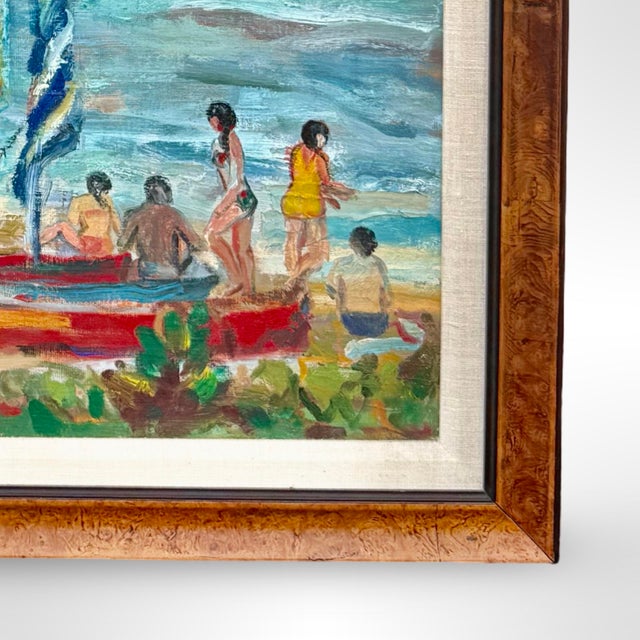 Blue Vintage Japanese Signed Oil Painting Coastal Beach Scene W/ Sailboats in Burlwood Frame For Sale - Image 8 of 11