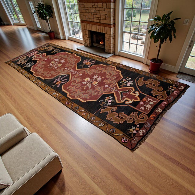 This exceptional vintage Kars kilim runner, woven in the 1970s in the highlands of Eastern Anatolia, represents the...