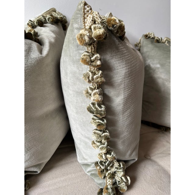 English Custom Green Velvet Pillows-Silk Tassel Fringe-Feather Inserts-a Pair For Sale - Image 3 of 9