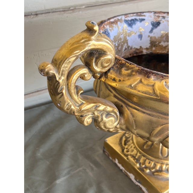 Vintage Large French Baroque Cast Metal Polychrome Water Gilt Vase Jardiniére For Sale - Image 13 of 13