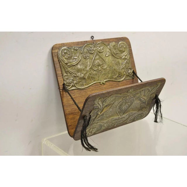 Wood Antique Arts & Crafts Oak & Brass Embossed Folding Wall Hanging Letter Holder For Sale - Image 7 of 10