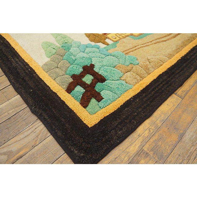 American 1920s Colorful Scene Cabin Folk Art Antique American Hooked Rug 2'6" X 4'6" Handknotted Wool Carpet For Sale - Image 3 of 5