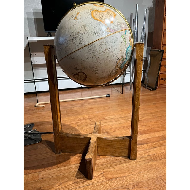 1960s Mid Century Modern 16 Inch Replogle “World Classic” Full-Swing Meridian Gimbel-Mounted Floor Globe on Architectural Solid Oak Cross-Base Stand For Sale - Image 9 of 12