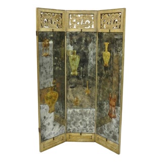 Antique Chinoiserie Oriental Eglomise Antiqued Mirror Glass 3 Panel Room Screen For Sale