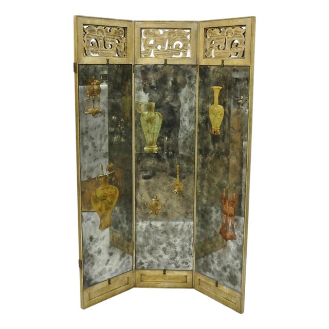 Antique Chinoiserie Oriental Eglomise Antiqued Mirror Glass 3 Panel Room Screen For Sale
