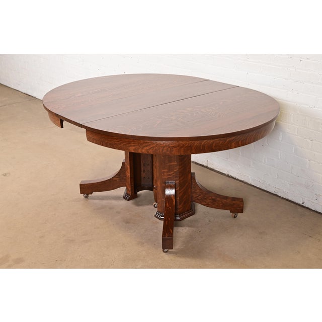 Stickley Brothers Style Antique Mission Oak Arts & Crafts Pedestal Extension Dining Table, Newly Refinished For Sale - Image 9 of 13