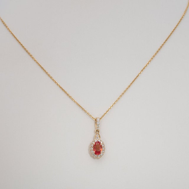 Aaa Padparadscha Sapphire Pendant With Natural Diamonds: Solid 14k Gold, 6x4mm For Sale - Image 4 of 7