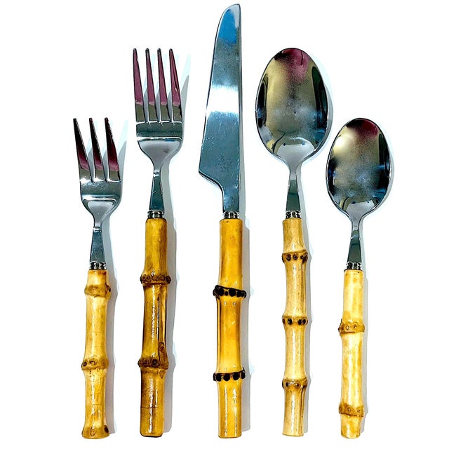 1990s 1990s Bamboo and Polished Stainless Steel Flatware - 20 Piece Set - Four 5 Place Settings For Sale - Image 5 of 12