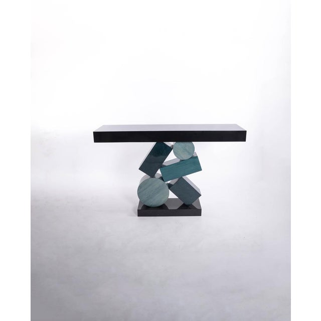 Equilibre Console in Blue and Black Tinded Marquetry by Aymeric Lefort For Sale - Image 10 of 18