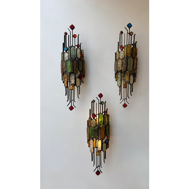 Mid-Century Modern set of 3 wall lamps lights sconces hammered glass and wrought iron, gilding gold copper patina, by the...