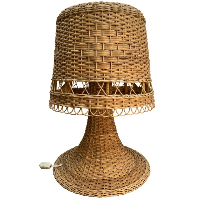 Mid-Century Modern Large Scandinavian Wicker Mushroom Table Lamp, 1960s or 1970s For Sale - Image 3 of 10