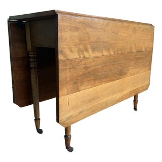 Beautiful Antique Drop Leaf Colonial Table From 1700s or 1800s. Turned Legs and Original Wood Casters, Good as Console or Kitchen Island or Dining. For Sale