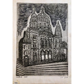 Dora Szampanier, Berlin Germany Jewish Memorial Etching Destroyed Synagogue Folk Art Judaica For Sale