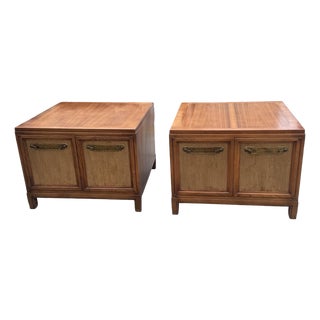 Vintage Asian Modern Walnut Storage End Tables With Brass Hardware – Pair For Sale
