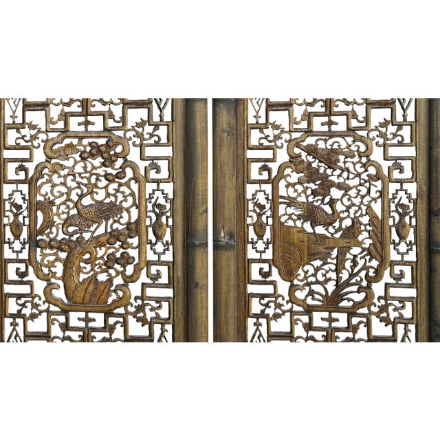 Wood Vintage Finish Openwork Floral 4 Panels Wood Floor Screen Room Divider For Sale - Image 7 of 10