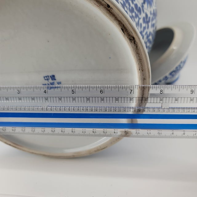 Vintage Large Hand-Painted Chinoiserie Blue & White Lotus Temple Porcelain Jar With Lid For Sale - Image 14 of 18