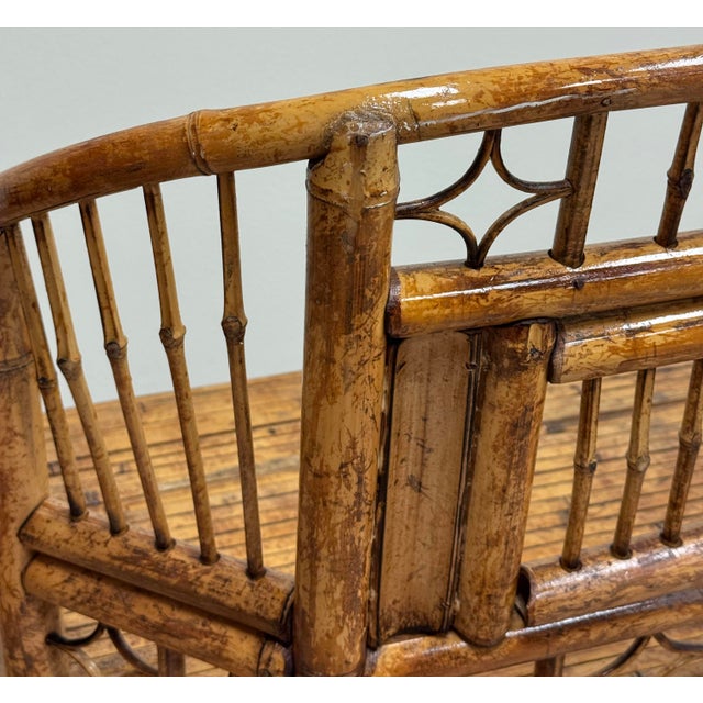Vintage Brighton Pavilion Style Scorched Bamboo Settee For Sale - Image 10 of 10