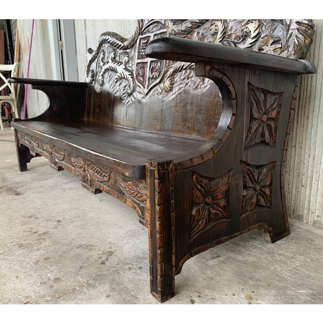 Wood Early 20th Century Spanish Polychromed Hand Carved Oak Settee or Park Bench For Sale - Image 7 of 18
