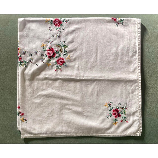 Early 20th Century Embroidered Floral Square Tablecloth For Sale - Image 9 of 11