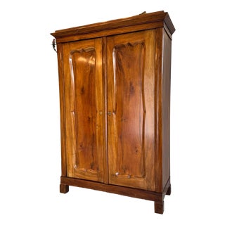 Original Biedermeier Wardrobe in Walnut Veneer with Clothes Rail For Sale