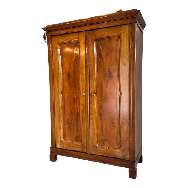 Original Biedermeier Wardrobe in Walnut Veneer with Clothes Rail For Sale
