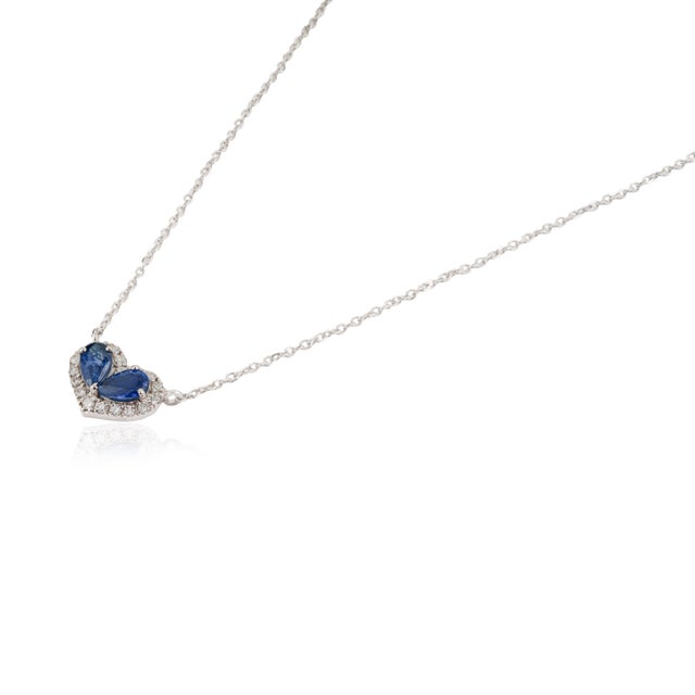Natural Twin Sapphire and Diamond Heart Necklace in 14k White Gold For Sale - Image 4 of 15
