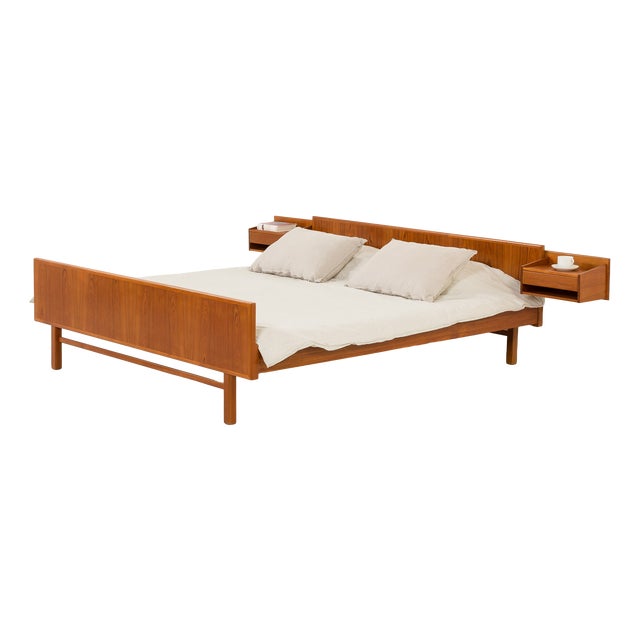 Mid-Century Danish Teak Queen Size Bed with Nightstands, 1960s For Sale