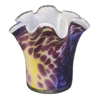 Vintage Multi Color Cashed Art Glass Hand Blown Vase Ruffled Edge For Sale