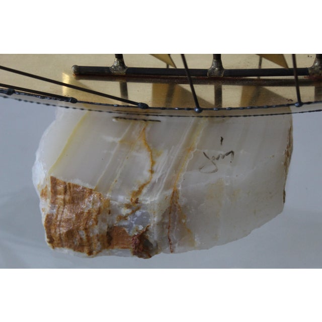 Curtis Jere Signed Jere Vintage Mid Century Brass Onyx Three Mast Sailing Yacht Boat Sculpture For Sale - Image 4 of 7