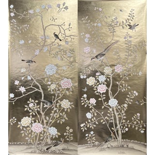 Custom 3-Panel Gold Foil Handpainted Chinoiserie Mural Set For Sale