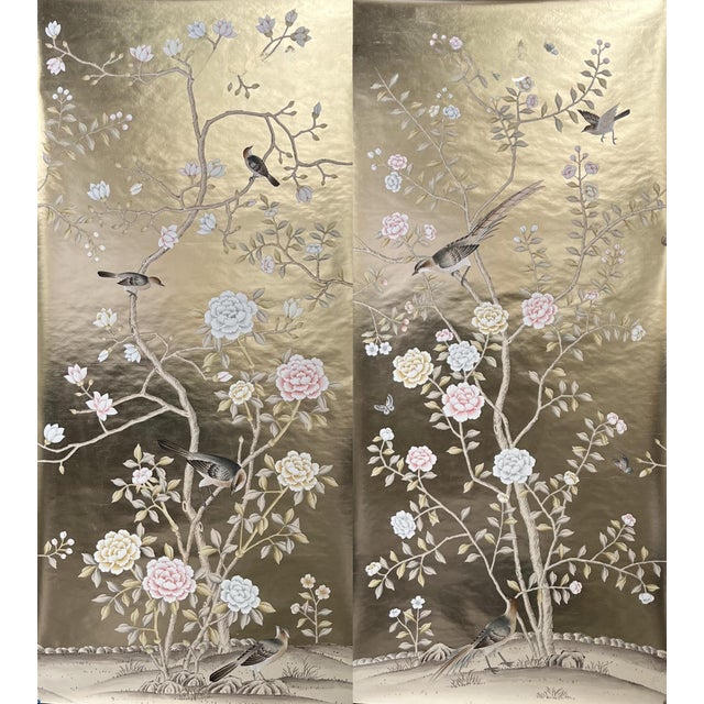 Custom 3-Panel Gold Foil Handpainted Chinoiserie Mural Set For Sale