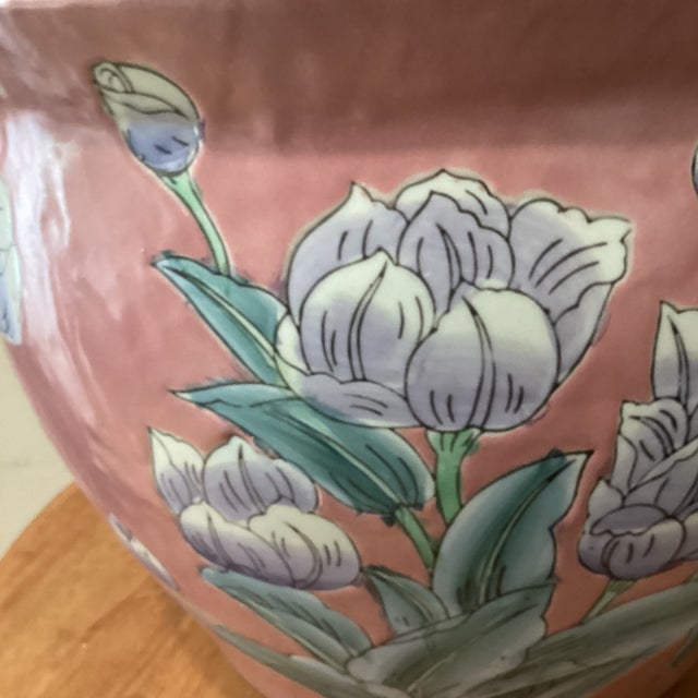 Vintage Large Chinoiserie Large Porcelain Koi Fish Bowl Planter Floral Motif For Sale - Image 10 of 12