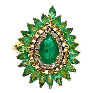Bochic “Capri” Vintage Natural Diamond & Emerald Retro Ring Set In 18K & Silver For Sale
