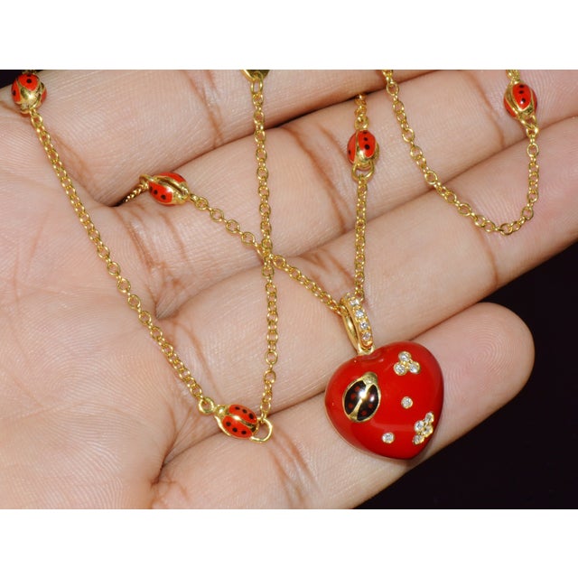 Metal Aaron Basha 18k Gold Diamond Enamel Ladybug Puffy Heart Pendant Necklace For Sale - Image 7 of 14