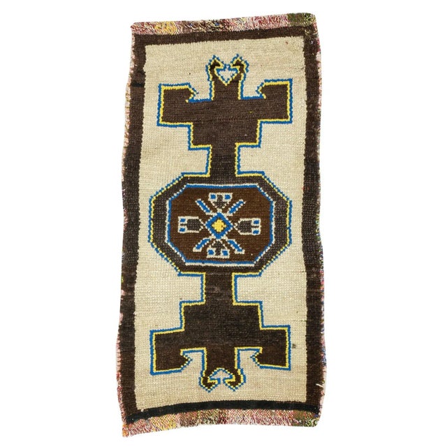 Brown & Cream Vintage Mini Rug For Sale - Image 4 of 4