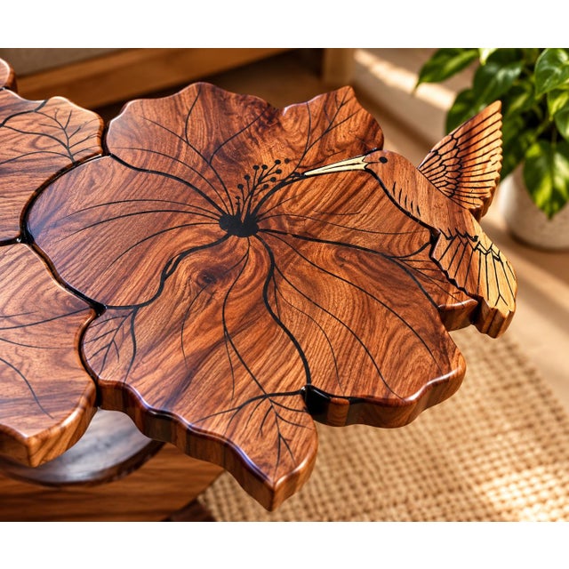 2020s Lumen and Log Hand-Carved Black Walnut "Hibiscus & Hummingbird" Sculptural Coffee Table For Sale - Image 5 of 9