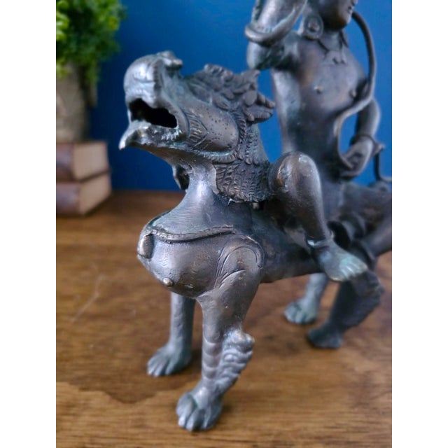 Mid 19th Century Antique Indian Bronze Deity on Lion, 19th Century For Sale - Image 5 of 13