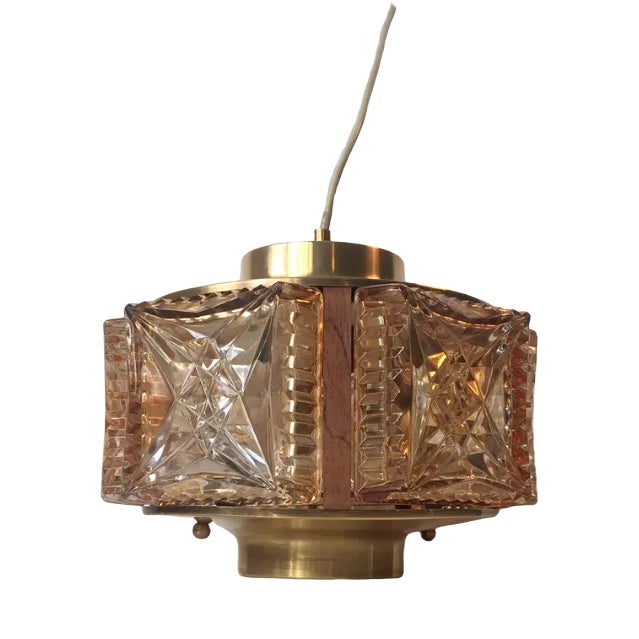 Mid-Century Danish Glass, Rosewood, and Brass Pendant Lamp from Vitrika, 1960s For Sale