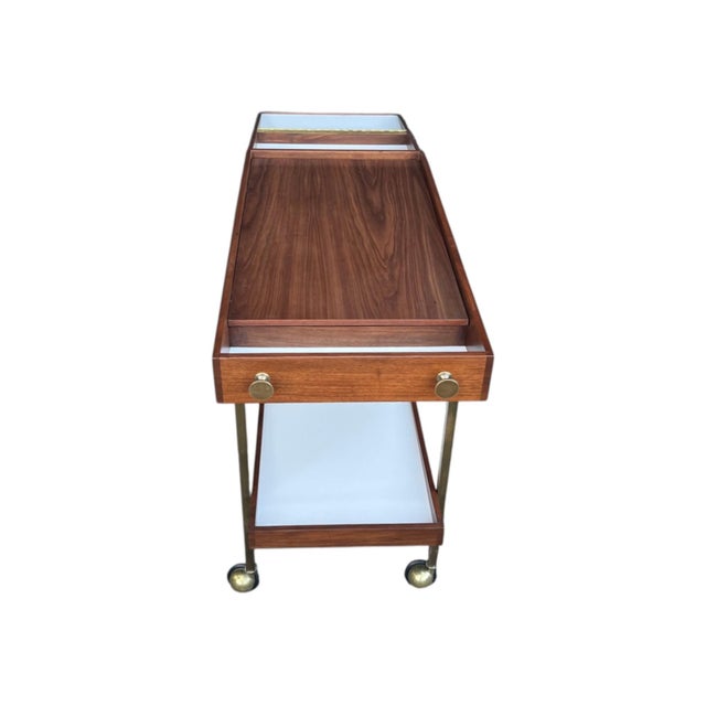 1960s Paul McCobb Style Mid-Century Walnut Bar Cart With Brass Accents For Sale - Image 5 of 14