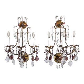 1940s Italian Gilt Metal Crystal Beaded Amethyst Wall Sconces - a Pair For Sale