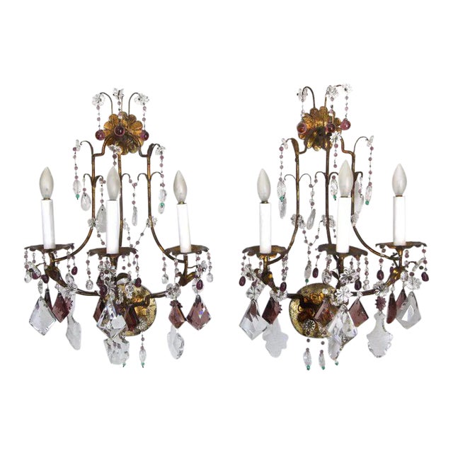 1940s Italian Gilt Metal Crystal Beaded Amethyst Wall Sconces - a Pair For Sale