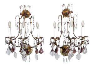 1940s Italian Gilt Metal Crystal Beaded Amethyst Wall Sconces - a Pair