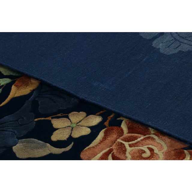 Antique Chinese Art Deco Rug, Midnight Blue Field With Floral Sprays - Rug & Kilim For Sale In New York - Image 6 of 7