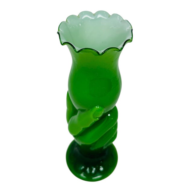 1970s Vintage 1970s Green Art Glass Hand Vase | Mid Century Modern Emerald Green Overlay | Ruffled Scalloped Rim Bud Vase MCM Home Decor For Sale - Image 5 of 9