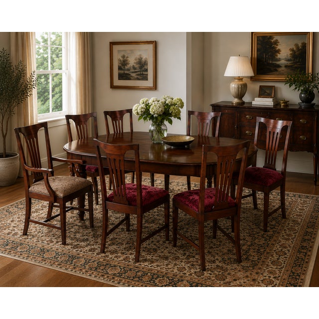 This elegant set of seven Chippendale-style dining chairs—comprising six side chairs and one armchair—is attributed to...