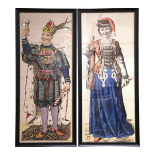 Pair Early 20th Century Carnival Costume Chromolithographs in Black Frames For Sale