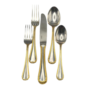 Service for 16! Yamazaki "Tasha" Gold Accent Stainless Luxury Flatware (80-Pieces / 16 Place Settings) Late 20th Century