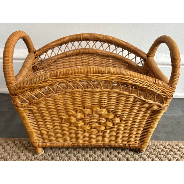 Camel Vintage Coastal Wicker Magazine Rack With Handles For Sale - Image 8 of 8