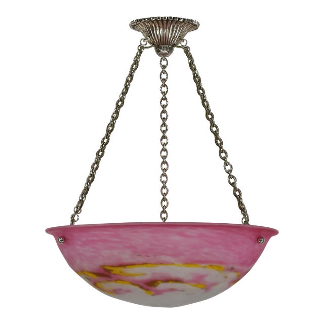 Hettier Vincent & Muller Freres French Art Deco Pendant Light 1930s - Pink Mottled Glass Bowl For Sale